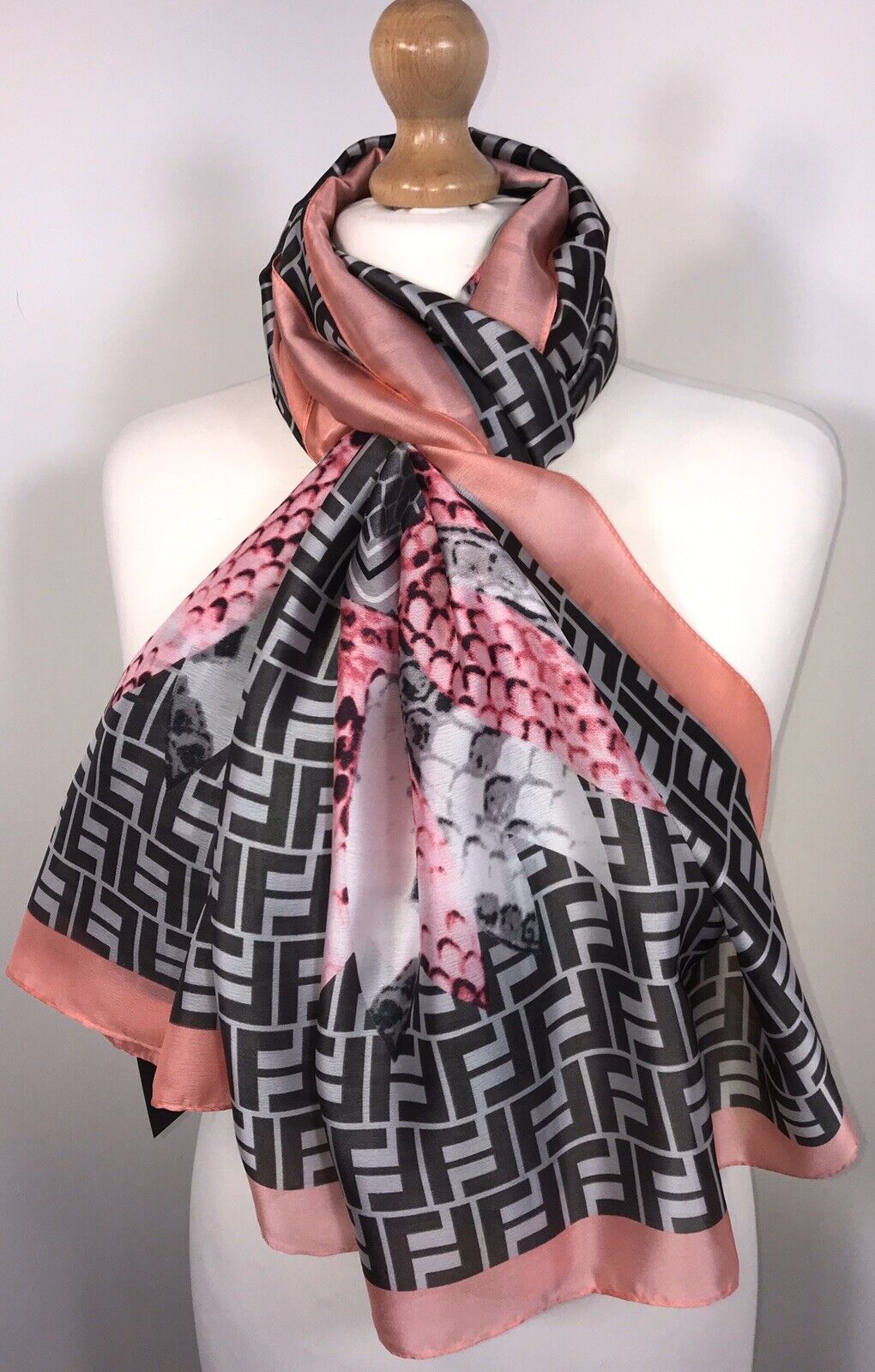 Snake and Feather Print Scarf - Pink & Black