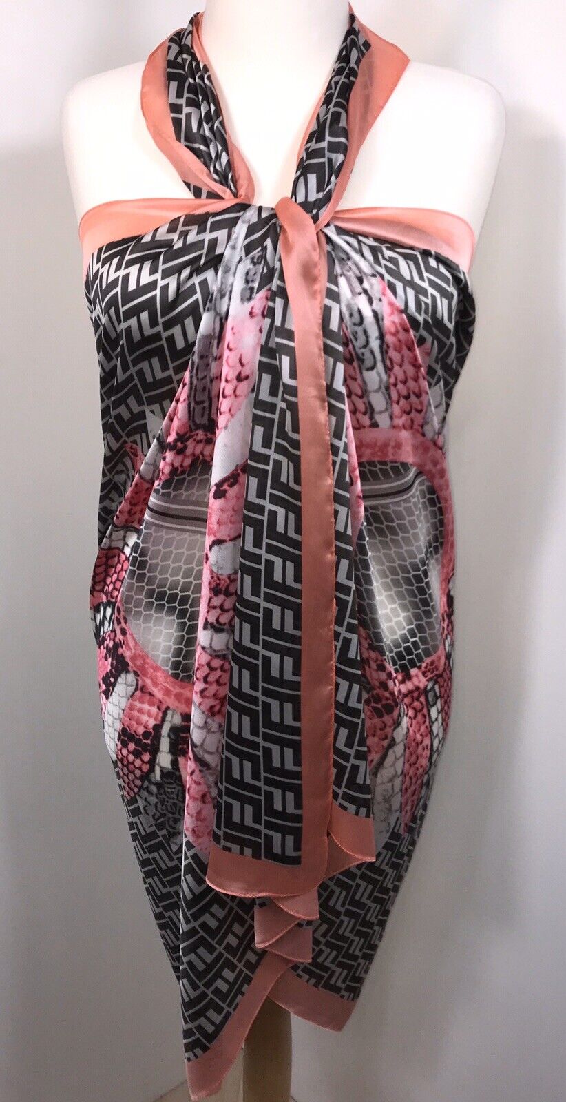 Snake and Feather Print Scarf - Pink & Black