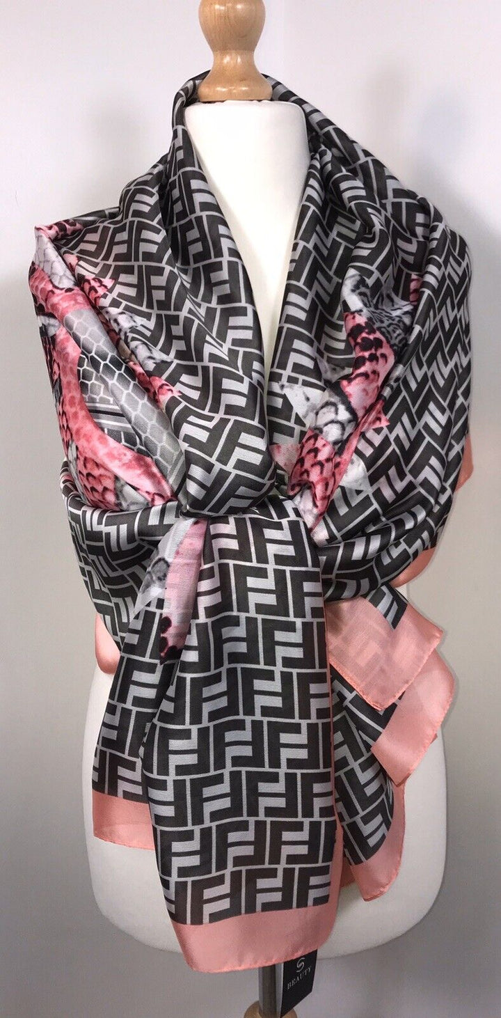 Snake and Feather Print Scarf - Pink & Black