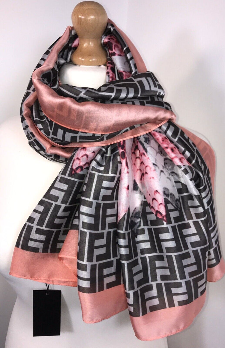 Snake and Feather Print Scarf - Pink & Black