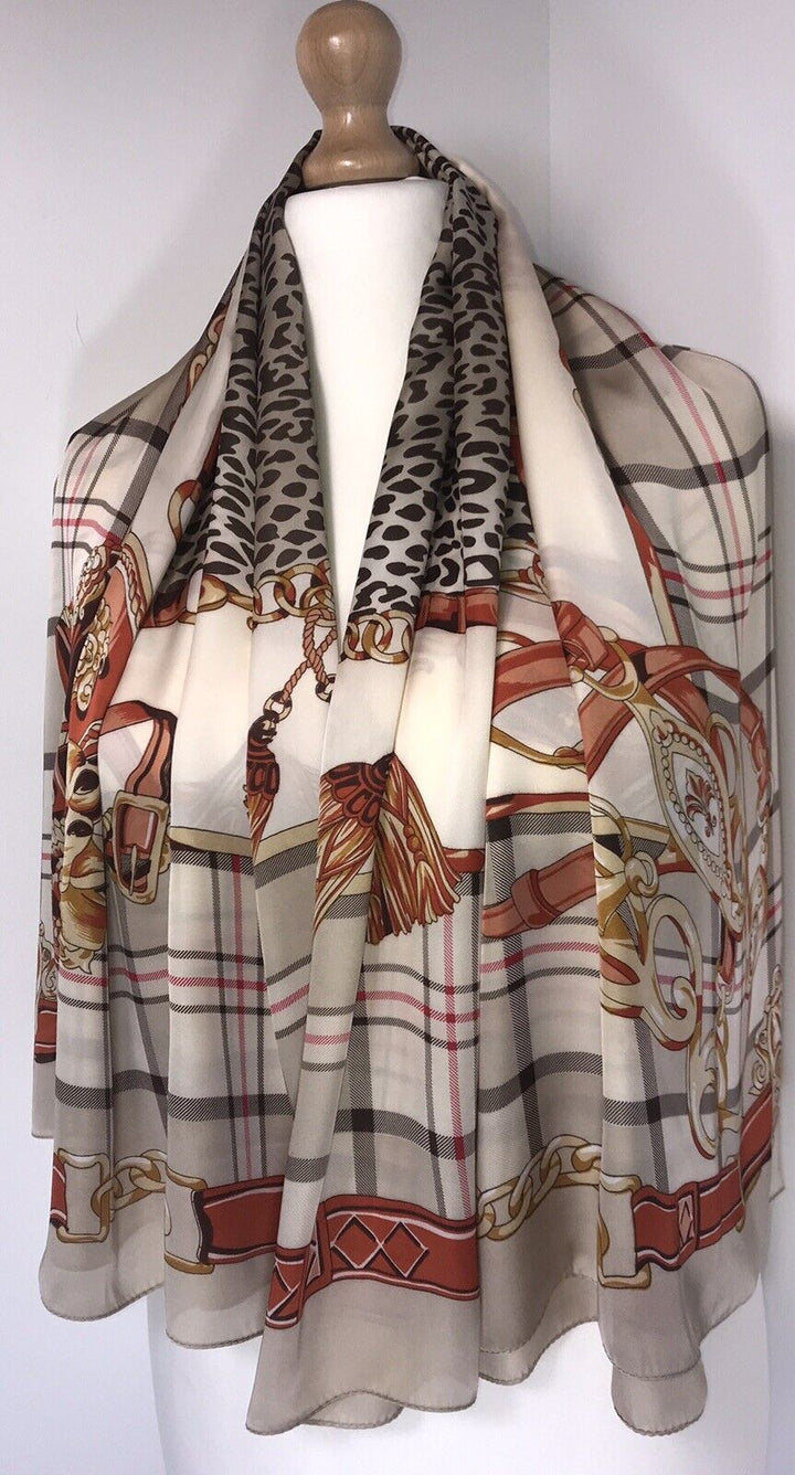 Checked Leopard Print Scarf - Beige / Cream