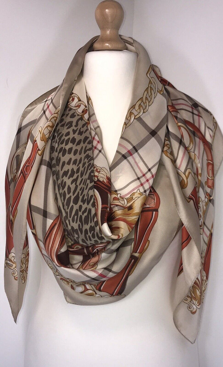 Checked Leopard Print Scarf - Beige / Cream