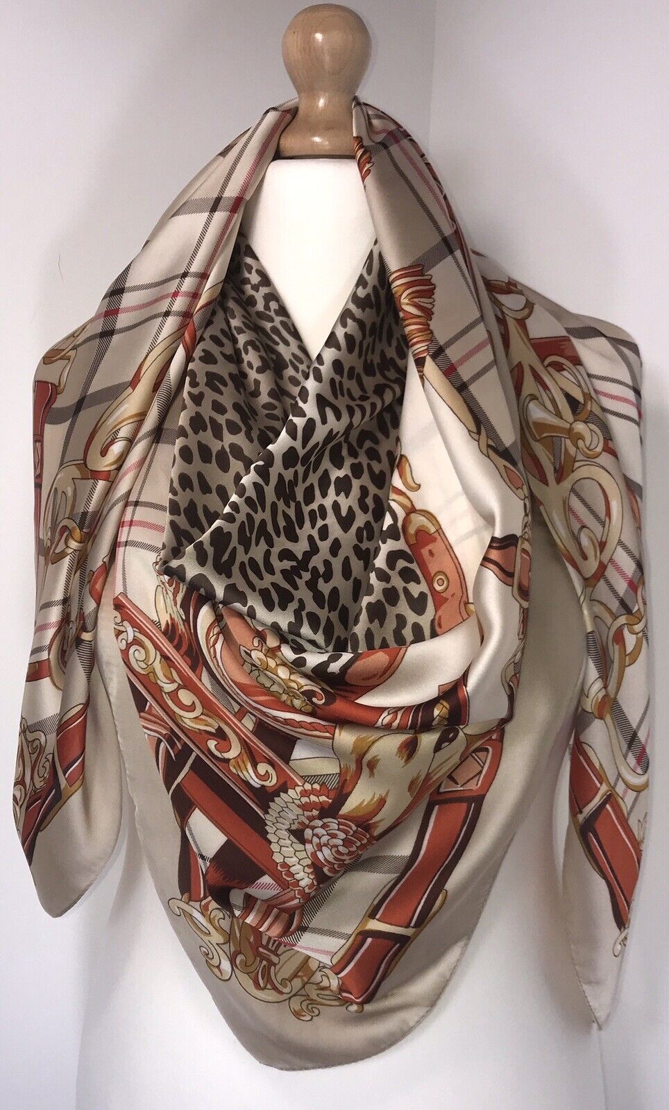 Checked Leopard Print Scarf - Beige / Cream