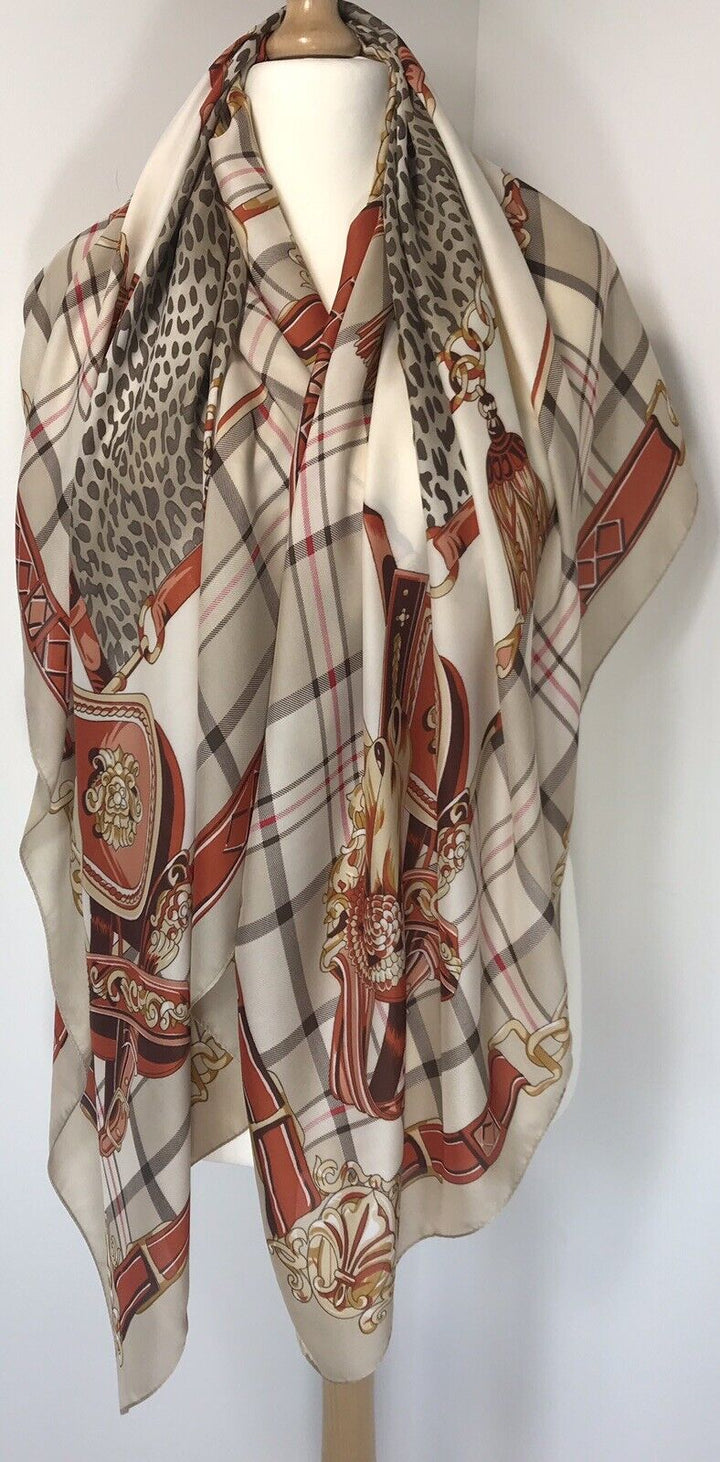 Checked Leopard Print Scarf - Beige / Cream