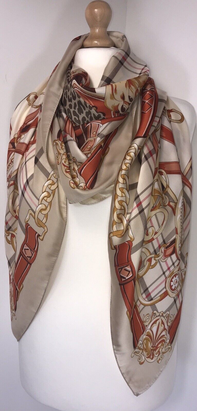 Checked Leopard Print Scarf - Beige / Cream