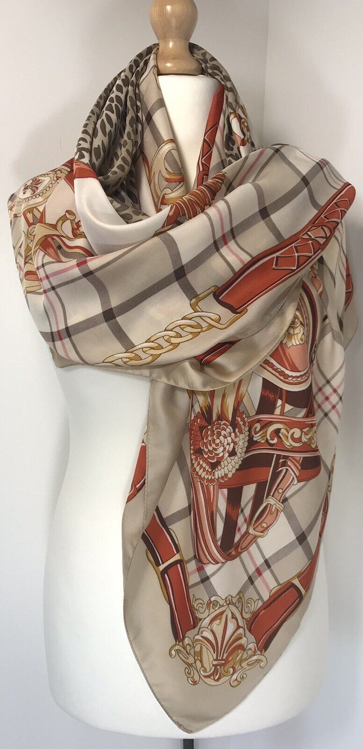 Checked Leopard Print Scarf - Beige / Cream