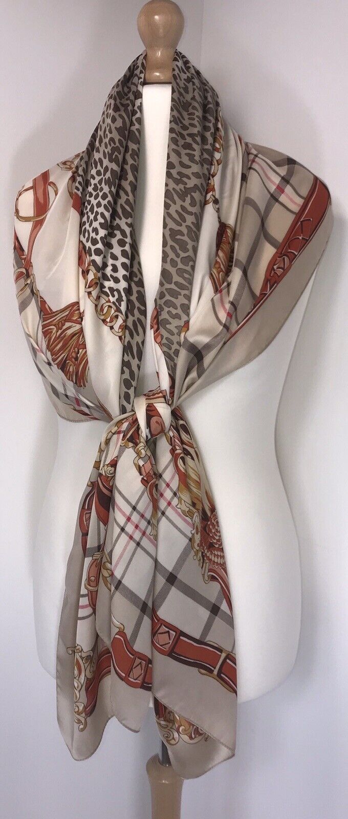 Checked Leopard Print Scarf - Beige / Cream