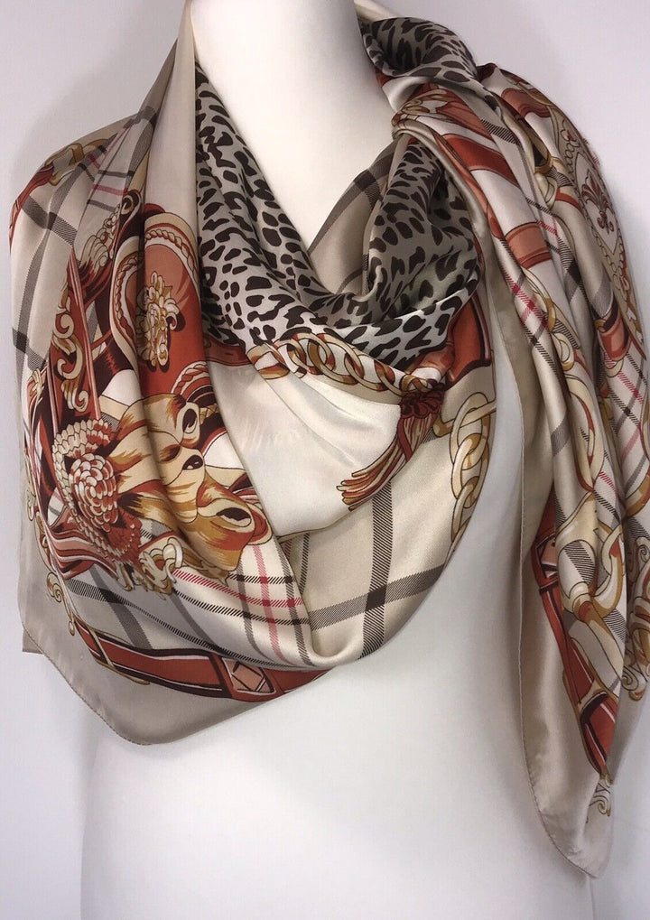 Checked Leopard Print Scarf - Beige / Cream