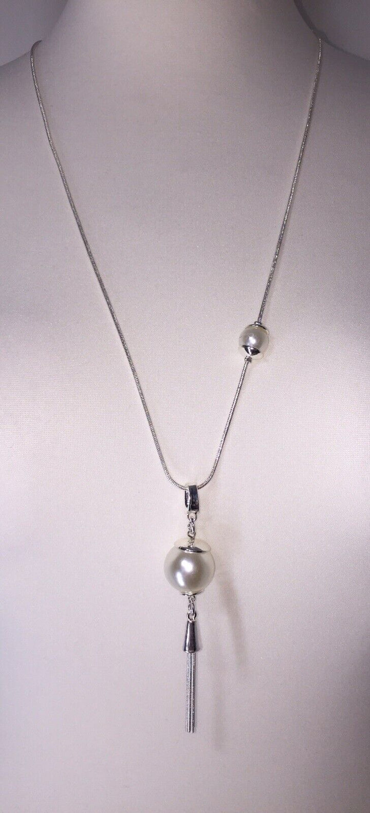 Snake Chain Pearl Tassel Necklace - Silver