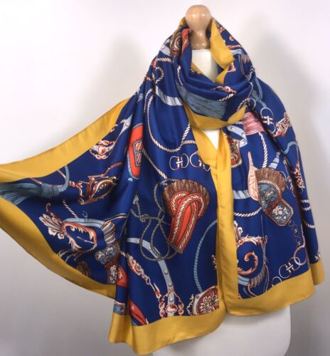 Tassel Chain Print Scarf - Blue & Yellow