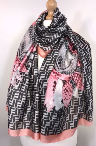 Snake and Feather Print Scarf - Pink & Black