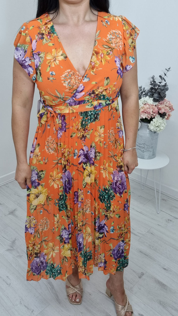 Rosie Floral Pleated Dress - Orange