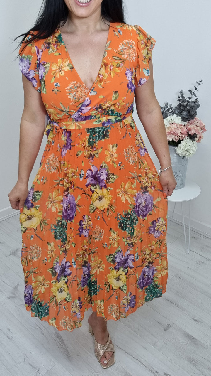 Rosie Floral Pleated Dress - Orange