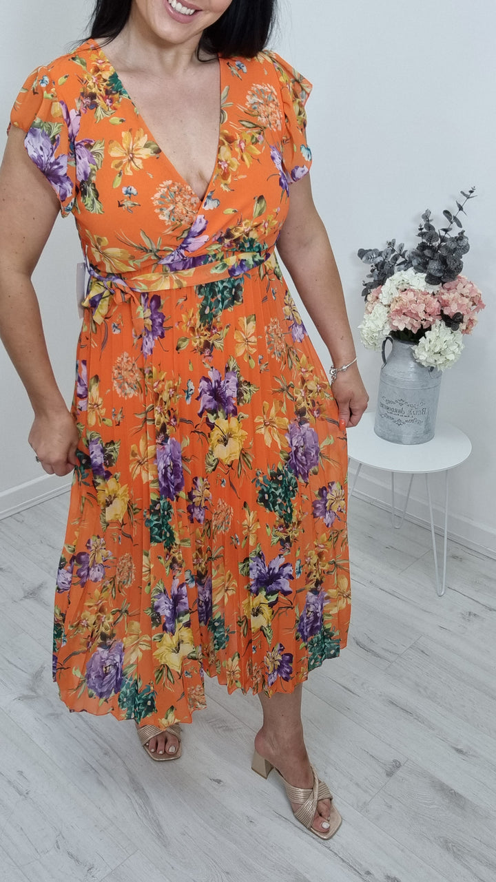 Rosie Floral Pleated Dress - Orange