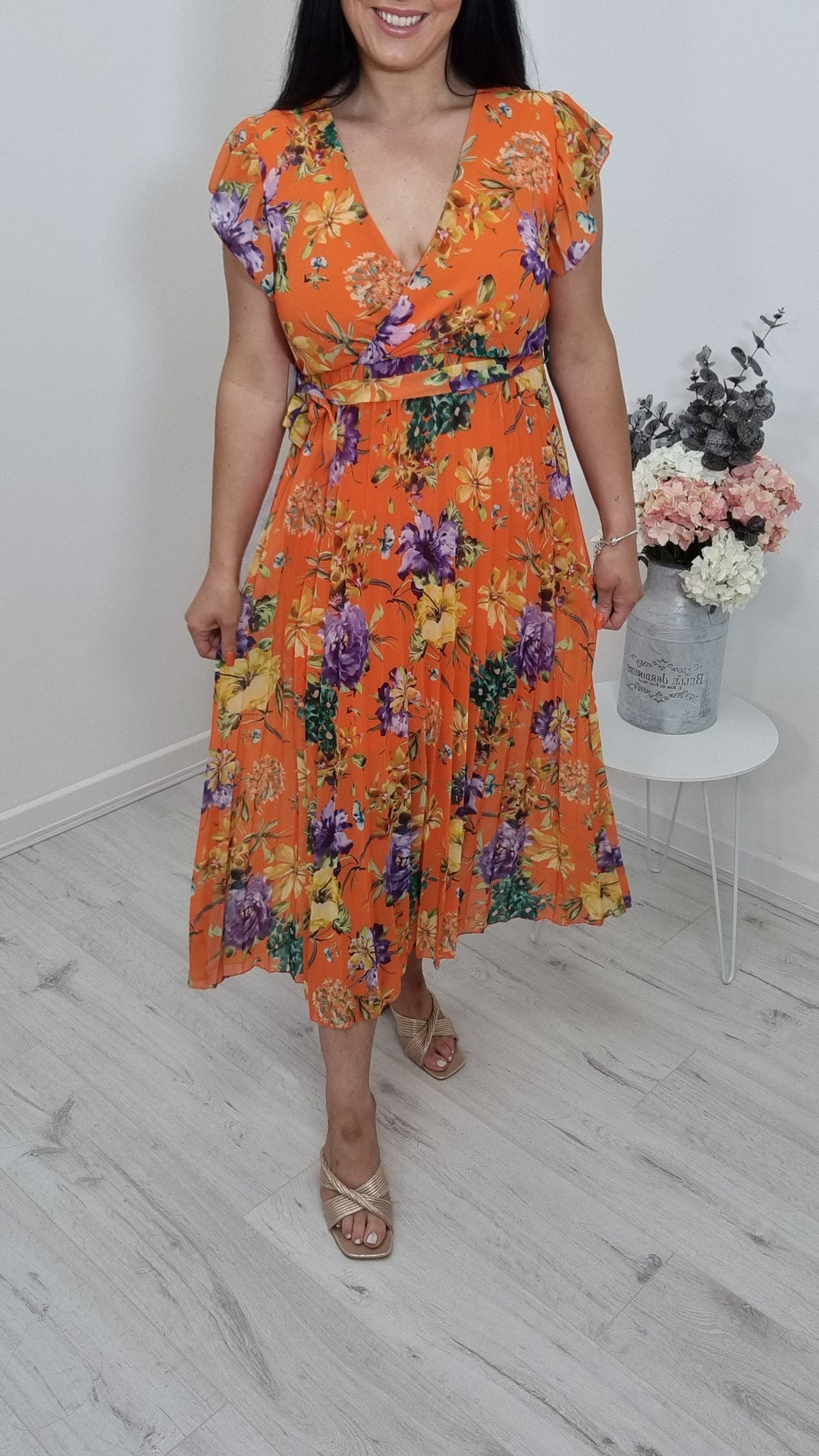 Rosie Floral Pleated Dress - Orange