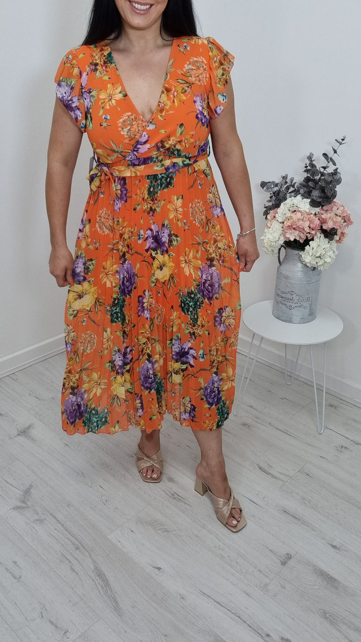 Rosie Floral Pleated Dress - Orange