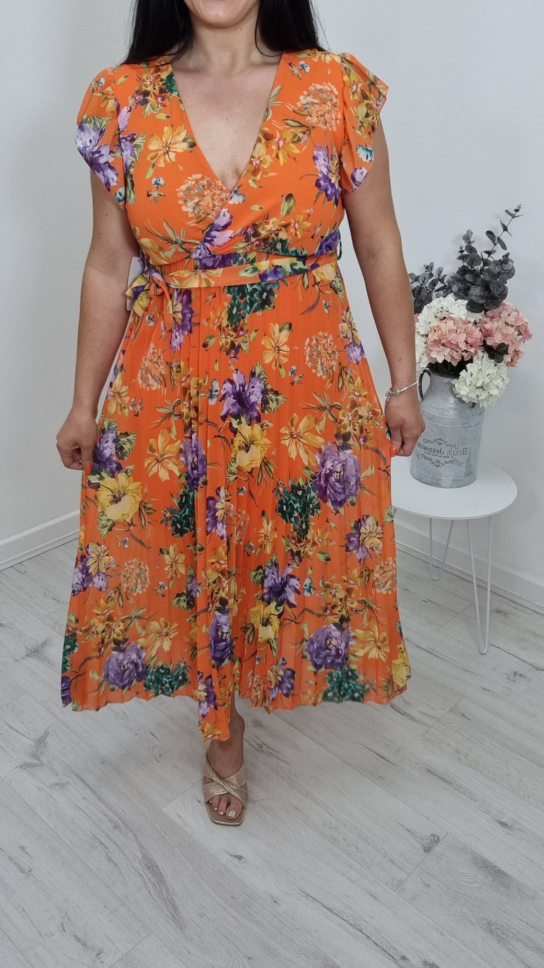 Rosie Floral Pleated Dress - Orange