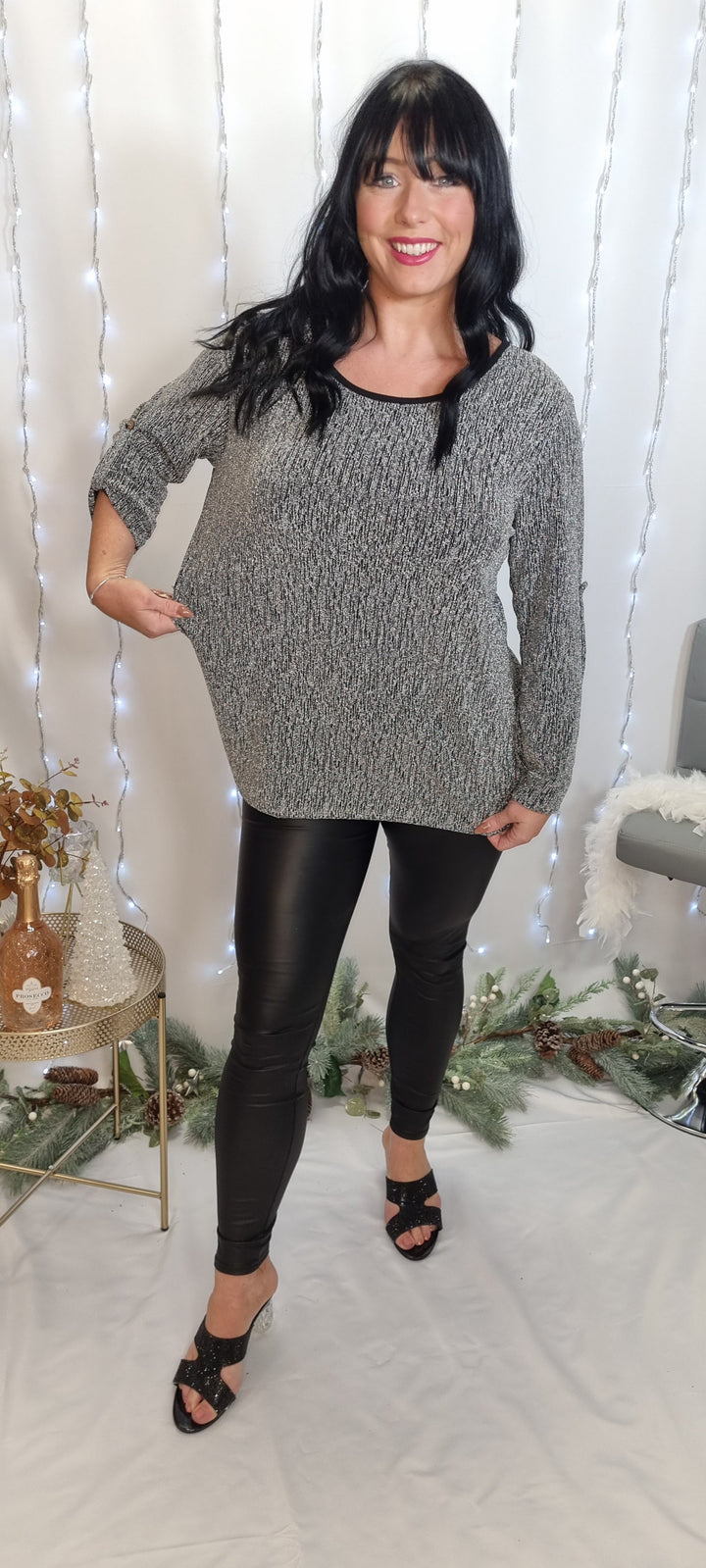 Glitzy Long Sleeve Top - Silver (One Size)