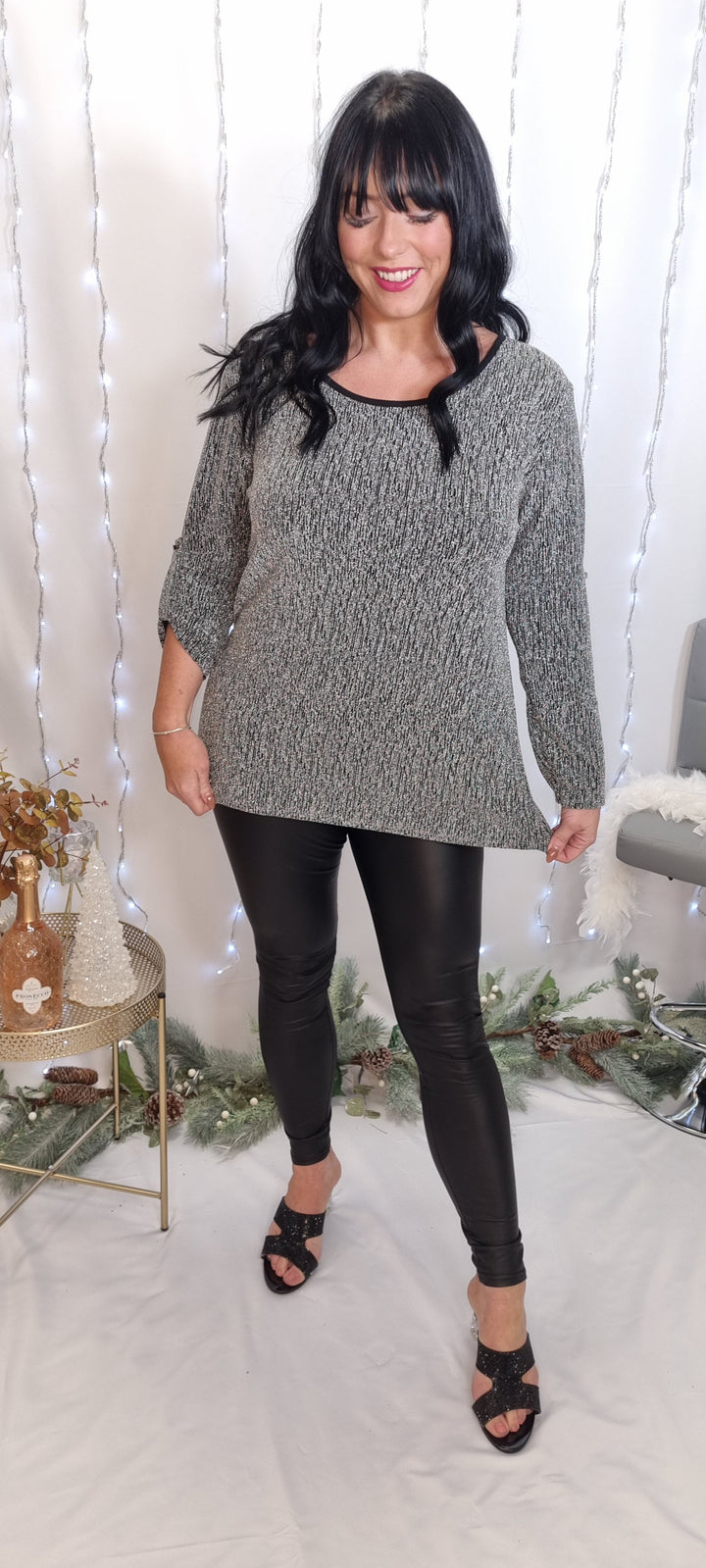 Glitzy Long Sleeve Top - Silver (One Size)