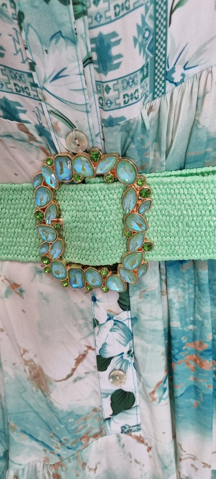 Stretchy Raffia Crystal Buckle Belt - Mint