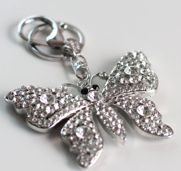 Crystal Butterfly Keyring / Bag Charm - Silver Tone