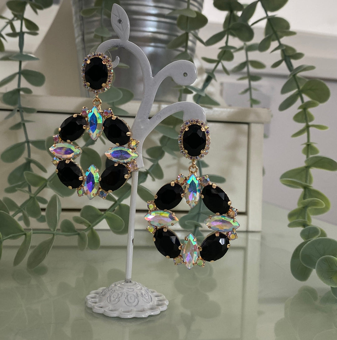 Crystal Dangle Earrings - Black/Clear (Gold Tone)