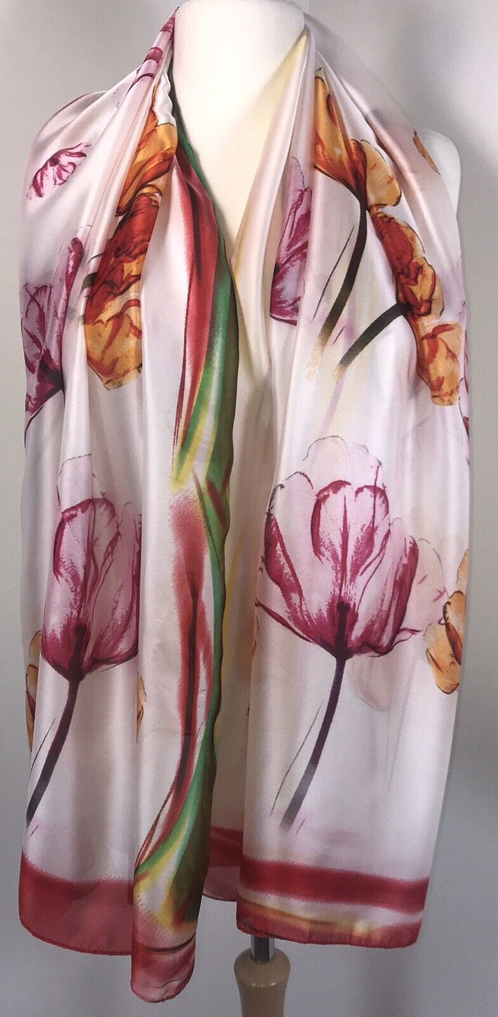 Floral Silk Scarf - Pink and White