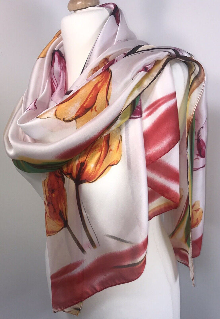 Floral Silk Scarf - Pink and White