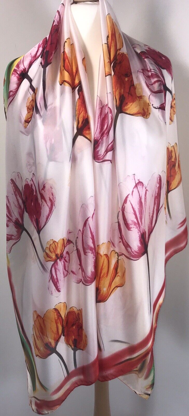 Floral Silk Scarf - Pink and White